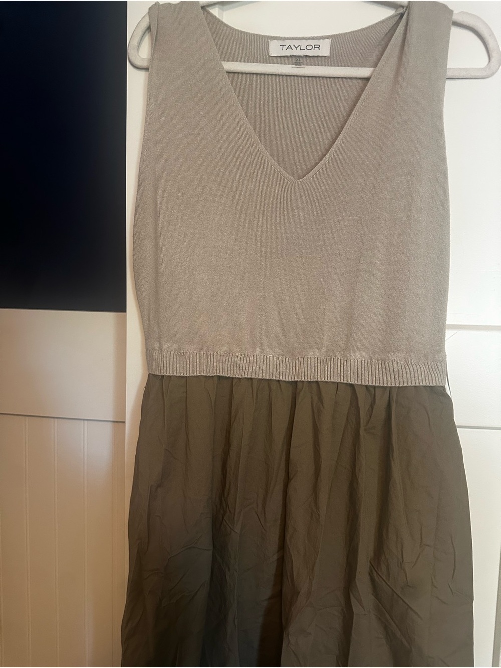 Taylor Two-Tone V-Neck Maxi Dress in Taupe and Olive - Picture 3 of 4